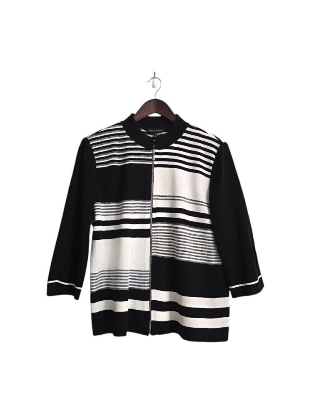 Ming Wang Striped Colorblock Elbow Sleeve Zip Jacket Sz L